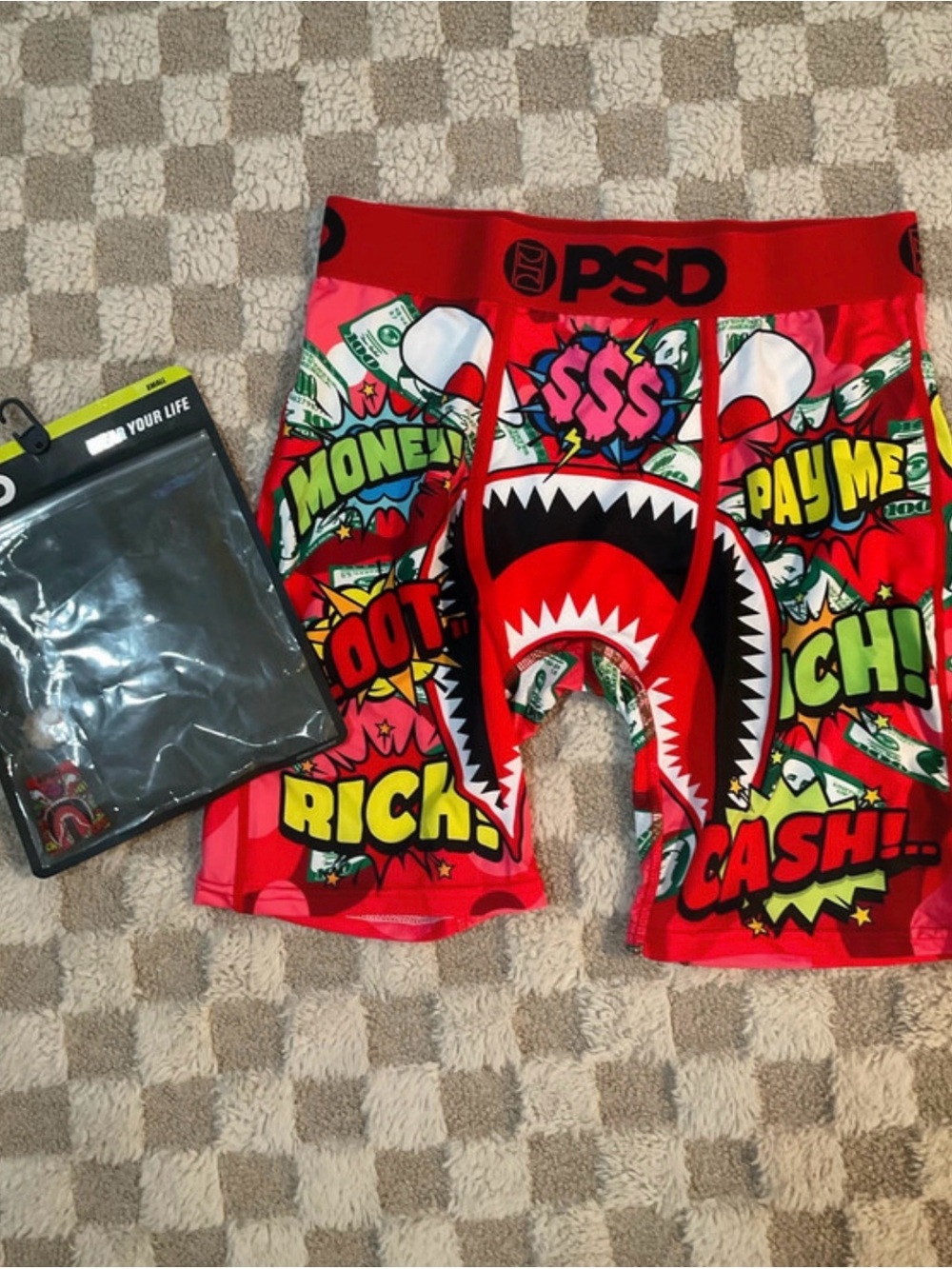 PSD men’s Red Graphic Shark & Money Swim Trunks